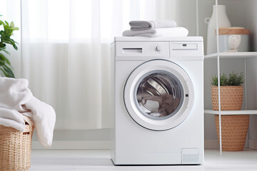 A modern, white laundry room in a domestic setting, with a washing machine, symbolizes household cleaning and care.