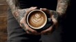 Elevated view of man with tattoo holding a cup of Coffee.Generative AI