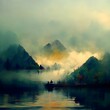 misty smoke on mountain lake abstract 