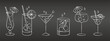 © Tatiana - Set of white grunge drawings of refreshing cocktails with ice cubes, straws and umbrellas on a dark background. Drink icons, cafe menu, vector