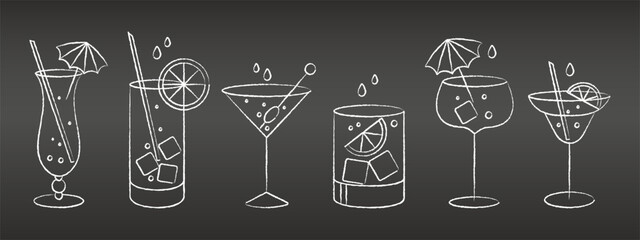 Set of white grunge drawings of refreshing cocktails with ice cubes, straws and umbrellas on a dark background. Drink icons, cafe menu, vector