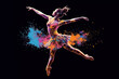 ballerina dancing with colorful powder on black background. Generative Ai