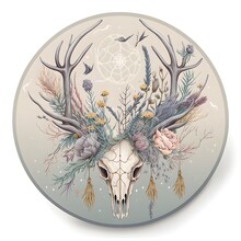 Round Design Elk Skull Witchy Theme Dried Thistle And Willow Branches Bugs Wildflowers Pastel Colors Watercolor Flowers Spiderweb Hanging From Antlers With Other Bugs 