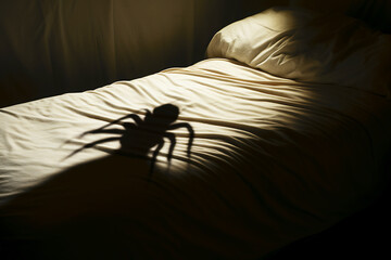A huge shadow from a bed bug falls on the bed at night. Concept of having bed bugs indoors