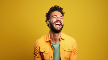 Wall Mural - Young man laughs against a yellow background.