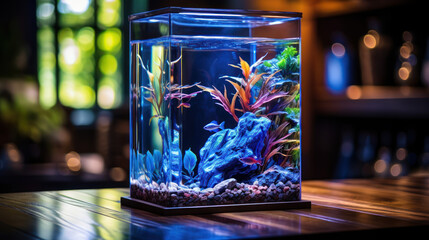 Aquarium fish swim among algae and stones, corrals and underwater plants in a blue neon aquarium