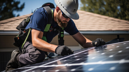 Wall Mural - An engineer checks the quality of installation and operation of the solar panels