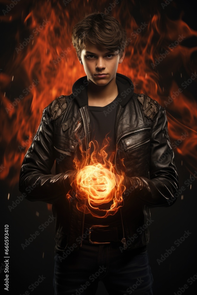 young teen boy holding a glowing energy fire ball. Urban fantasy ...