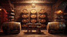 A Cozy Wine Cellar With Brick Walls, The Wooden Barrels Awaiting Wine Brand Promotions Or Art.