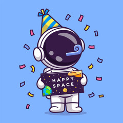 Wall Mural - cute astronaut celebrate birthday party space cartoon vector icon illustration. science holiday icon