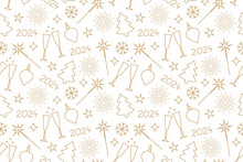 Christmas, New Year's Eve 2024 Party Golden Seamless Pattern- Vector Illustration