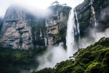  Magnificent Waterfall Cascading Down Rocky Cliff, Creating Misty Cloud In The Air