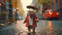 A Frog Wearing A Hat And Coat Standing On A Street