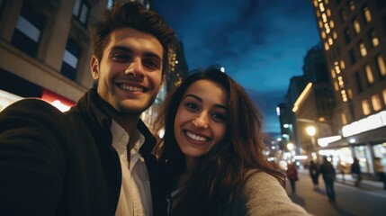 Wall Mural - A man and woman taking a selfie on a city street