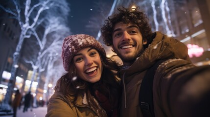 Canvas Print - A man and woman taking a selfie in the snow