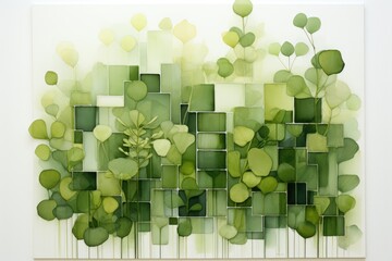 Wall Mural - A painting of green leaves on a white wall. Imaginary illustration.