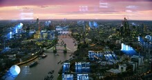 Augmented Reality Elements over London Financial District with Economic Charts and Data. Futuristic Aerial Skyline of London With Stock Exchange Figures. Representing Concepts as Big Data, AI, IOT.