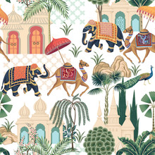 Elephant, Peacock, Camel And Architecture In The Town Oriental Seamless Pattern. Indian Wallpaper.