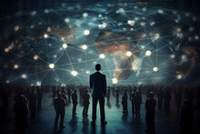 Goal. Businessman Standing With Virtual Graphic Network Diagram, Digital Online Marketing, Internet Connection, Business Competition, Cyber Technology, Business Strategy Concept. Generative AI