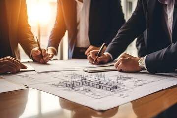 Wall Mural - construction worker team planning building plan with blueprint and construction tool on conference table at construction site, contractor, business, industry, construction concept. Generative AI