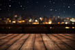 empty brown wooden floor or wood board table with blurred abstract night light bokeh in city background, copy space for display of product or object presentation, Generative AI