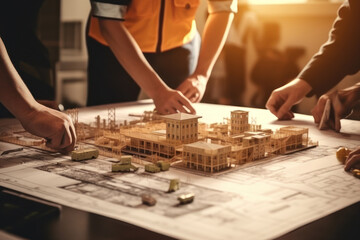 Wall Mural - construction worker team planning building plan with blueprint and construction tool on conference table at construction site, contractor, business, industry, construction concept. Generative AI