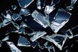Broken Glass Fragments Stand Out On Stark Black Background . Сoncept Glass Art, Shattered Glass, Abstract Photography, Contrast