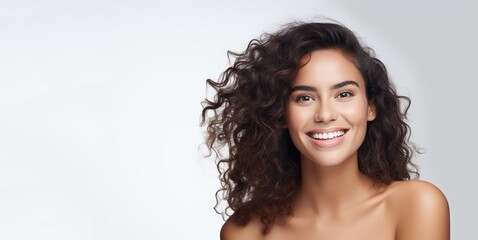 Portrait of young happy Brazilian woman, skin care beauty, skincare cosmetics, dental concept, isolated over white background.