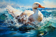 A White Duck Standing On Water Drawn With Watercolor