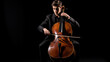 Man playing cello on black background