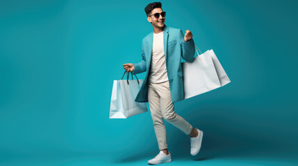 Wall Mural - Happy smiling man holding shopping bags on blue background