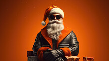 Biker Santa Claus With Christmas Gifts, In Black Jacket And Sunglasses