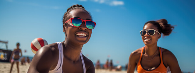 Poster - Group of friends playing beach volleyball