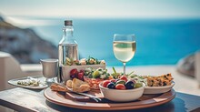 Dinner Of Greek Cuisine Against The Backdrop Of The Sparkling Blue Aegean Sea. Food Photography
