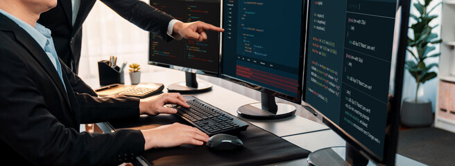 Wall Mural - software development team working together in office, coding script display on computer monitor. pro