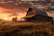 A picturesque barn standing in a field, with a beautiful sunset in the background. Perfect for nature or rural-themed designs.