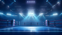 Boxing Fight Ring Close-up Shot, Interior View Of Sport Arena With Fans And Shining Spotlights