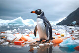 A penguin stands atop a melting iceberg among the plastic waste. Environmental issues.