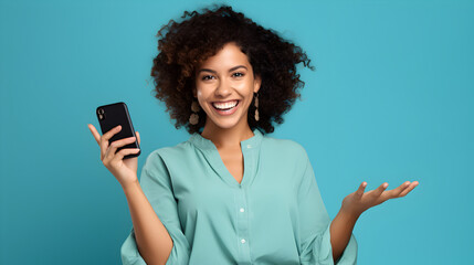 joyful girl with mobile phone isolated on blue background, smiling female model holding cellphone