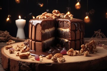 Canvas Print - A delicious chocolate cake with a slice missing, perfect for any celebration or dessert.