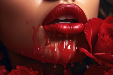 Poster - A close-up shot of a woman's lips with blood on them. This chilling image can be used to depict horror, mystery, or a crime scene.