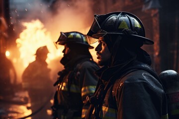 Canvas Print - A group of firefighters standing together in front of a raging fire. This powerful image captures the bravery and teamwork of these heroes as they face the dangerous flames. Perfect for illustrating f