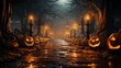 A hauntingly beautiful path illuminated by glowing pumpkins and flickering candles, winding through the dark and mysterious forest on a magical halloween night