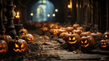 Lit By Flickering Candles, A Motley Crew Of Carved Pumpkin Faces Brings The Halloween Spirit To Life, Their Vibrant Colors And Twisted Expressions Evoking A Whimsical Celebration Of The Cucurbita