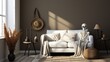 A lone skeleton lounges on a stylish loveseat, surrounded by intricate wall designs and delicate vases, as a cozy cushioned couch awaits its next guest in the indoor room
