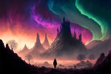 Fantasy Landscape Epic Cinematic In Foreground Travelers In The Wilderness Castle Ruins And Overgrown Trees In Distance Tall Mountains Far Off Prismatic Cosmic Sky Prismatic Aurora Borealis Somber 