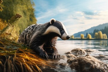 Sticker - A painting of a badger in the water. This image can be used to depict wildlife, animal habitats, or the beauty of nature.