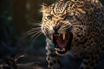 Poster - A close-up shot of a leopard showing its open mouth. This image captures the fierce and powerful nature of the leopard. Perfect for illustrating wildlife, predators, and the animal kingdom.