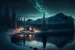aurora borealis reflecting in a lake fantasy winter wonderland with mountains trees in varying sizes lanterns cozy cabin snowfall northern light stars cozy unreal engine realistic 