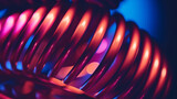 Bathed in neon light against a dark backdrop, we examine a coiled metal spring with impressive strength and elasticity..